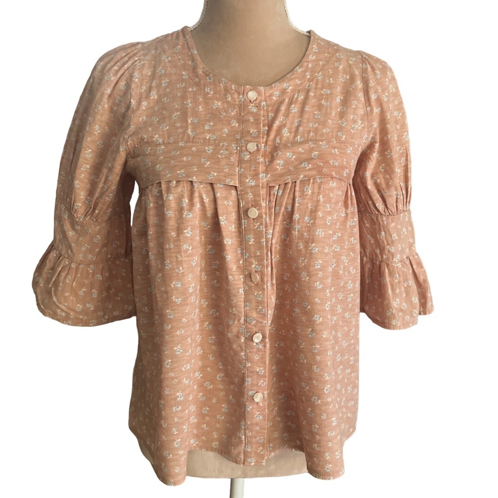 Dusty Rose Button Down Floral Blouse with Ruffled Sleeves​